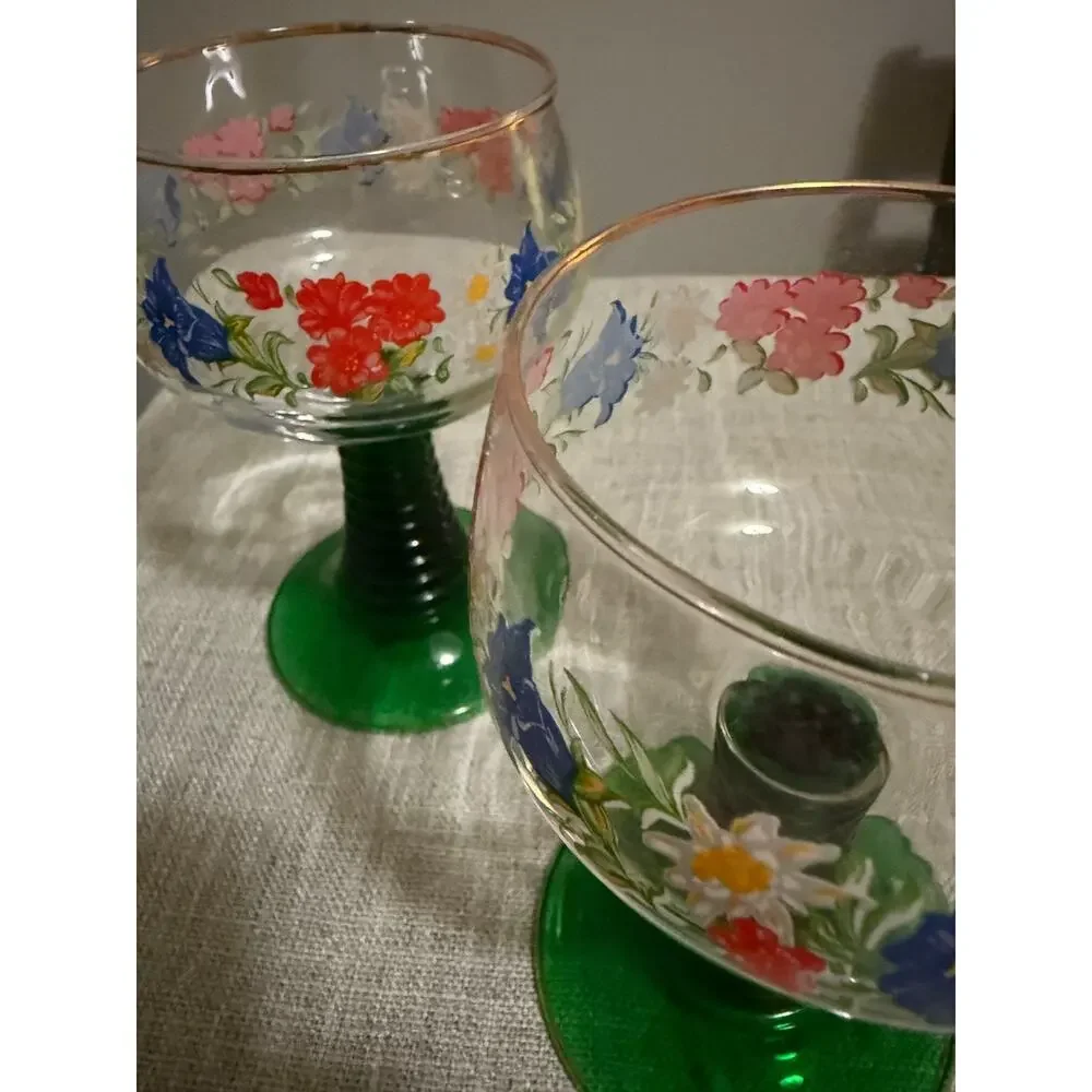Vintage Hand-Painted Floral Goblets Green Stem Gold Rim Set of 2 – 5.5